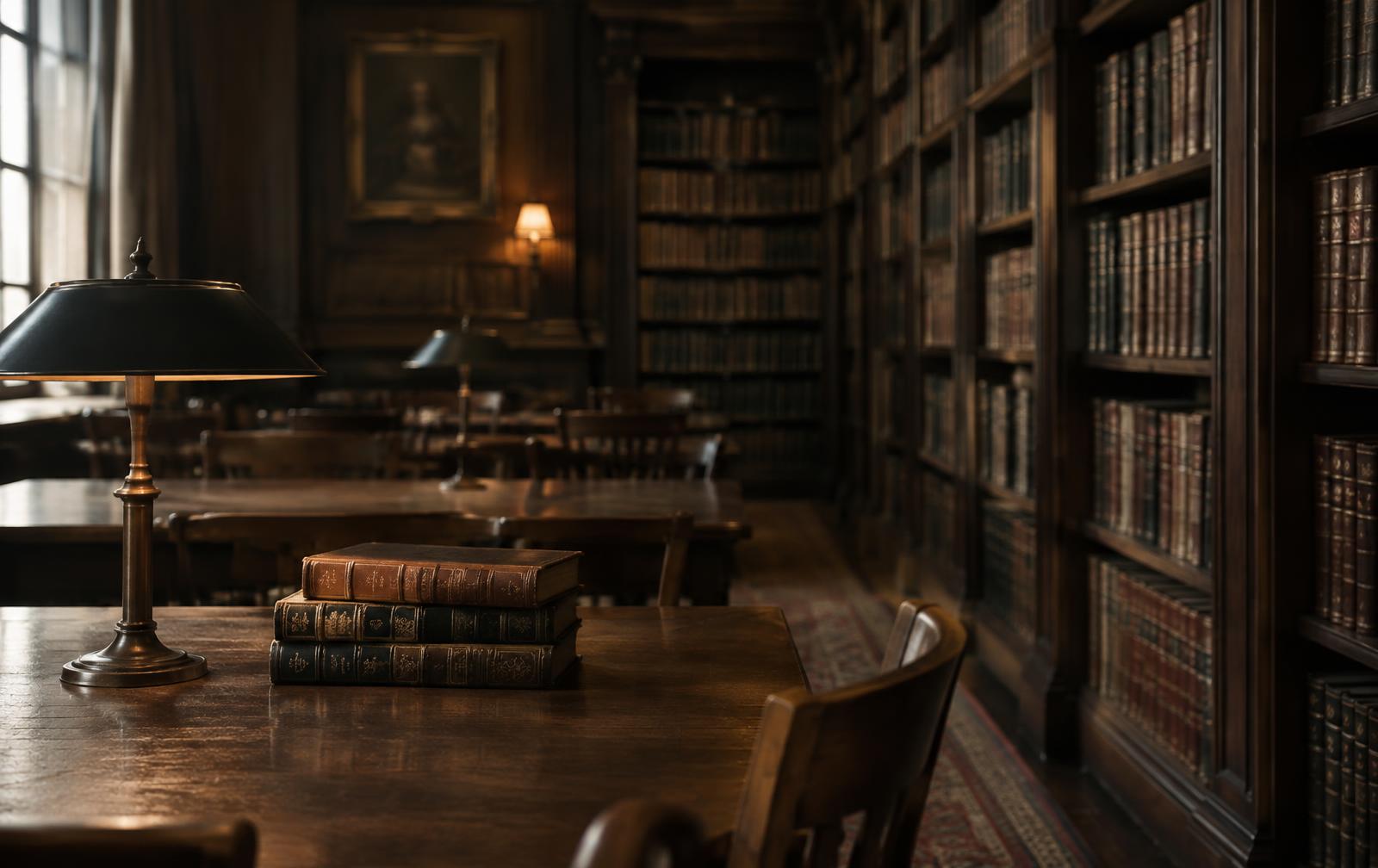 A quiet library reading room lined with bound volumes